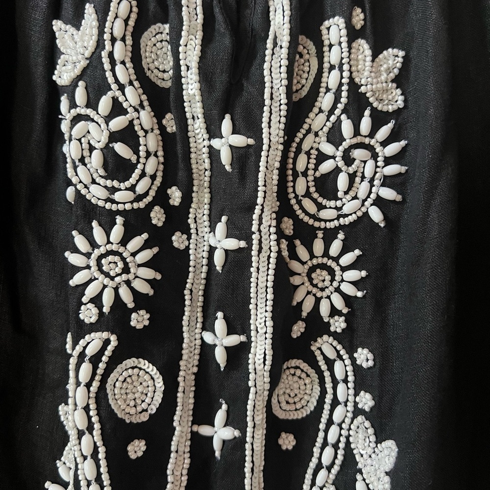 Black Linen Charter Club Black and White Embellished Blouse 3/4 Sleeve Size M - Picture 2 of 7